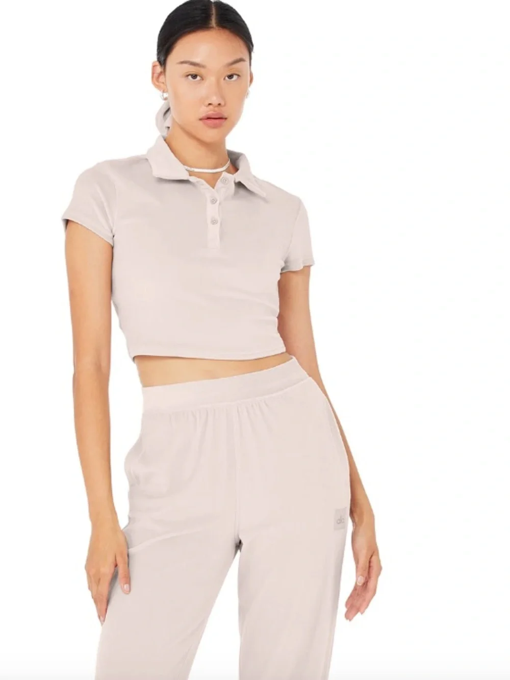 ALO Yoga Velour Baby Pink Polo Collared Crop Top Short Sleeve Tee Small best